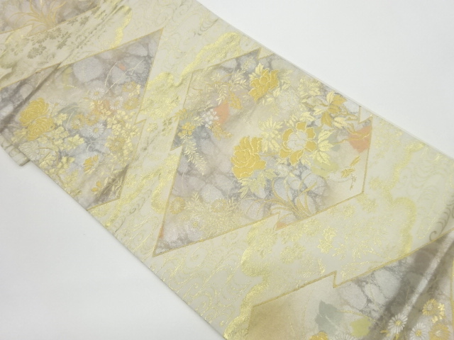 リサイクル　純金箔二重引松皮菱に花模様織出し袋帯